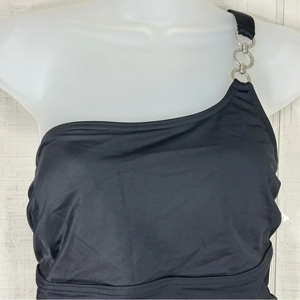 Lands End One‎ Piece Swimsuit Size 16P Asymmetric Soft Cups Shirred Black Beachy